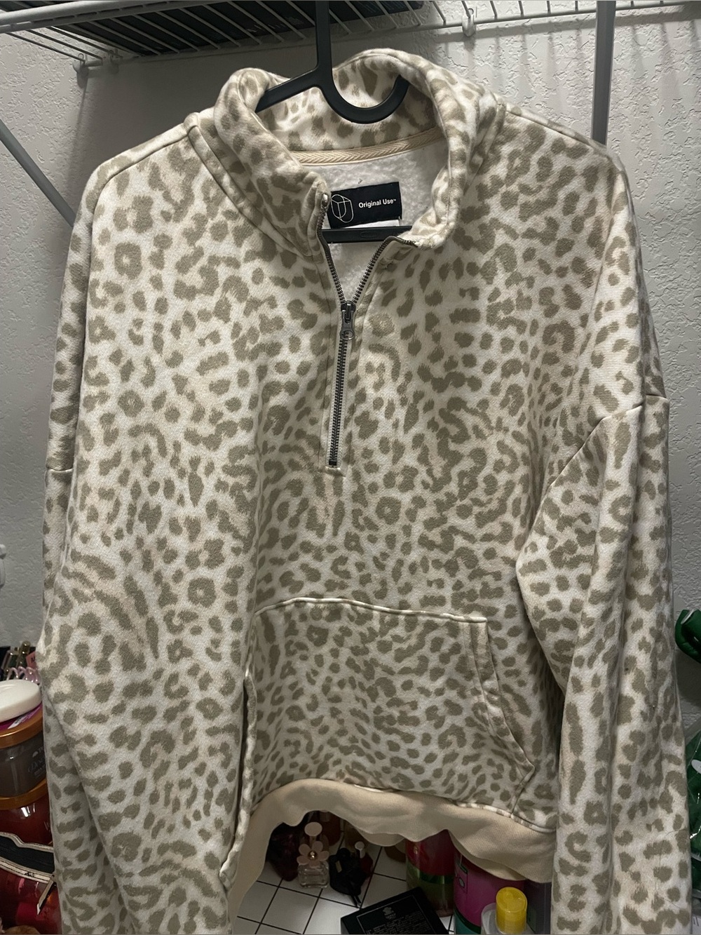 Beige Leopard Quarter-Zip Sweater